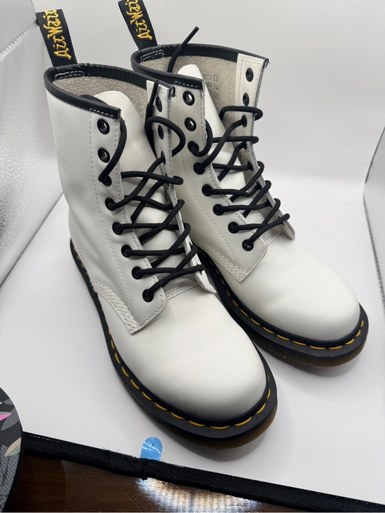 Dr. Martens Shoes - Dr. Martens White Lace-Up Combat Boots with Black Trim and Yellow Stitching